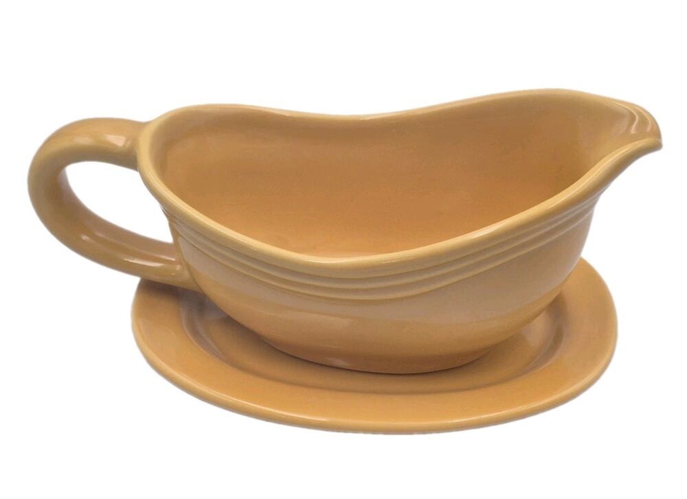 Vintage Sunflower Yellow Stoneware Gravy Boat with Underplate 8x4x4"